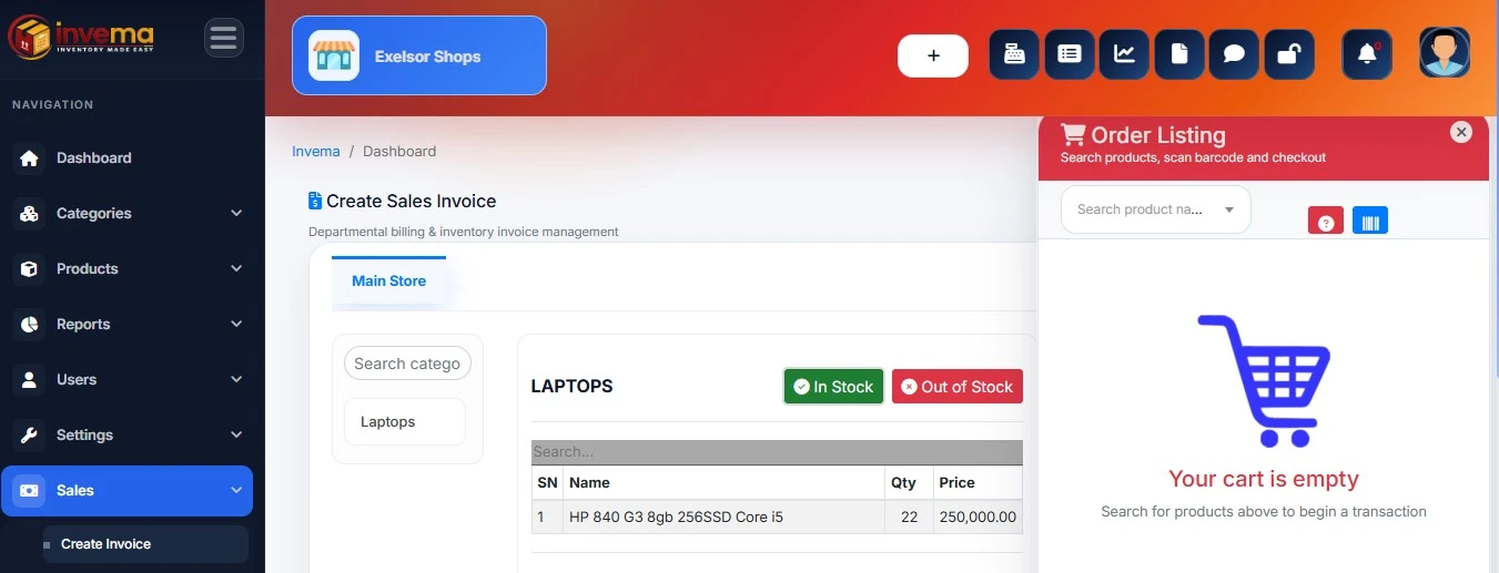 Invema point of sale screen
