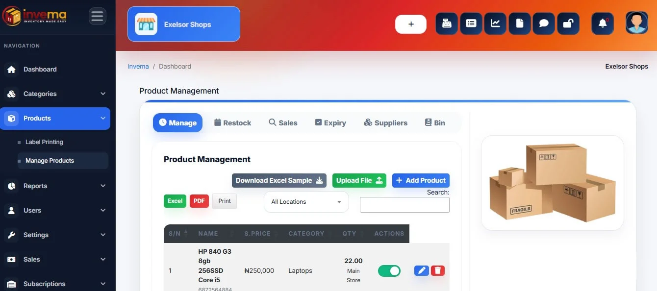 Invema product management screen