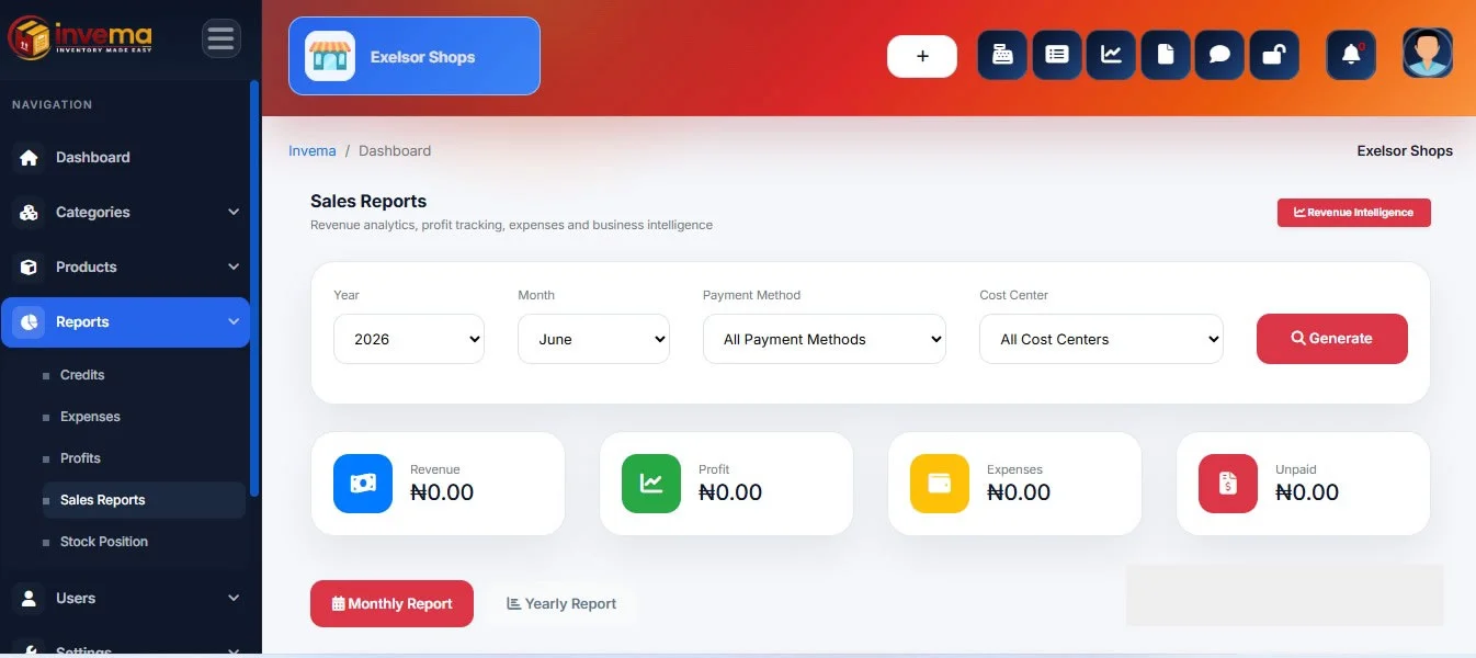 Invema reports and analytics screen